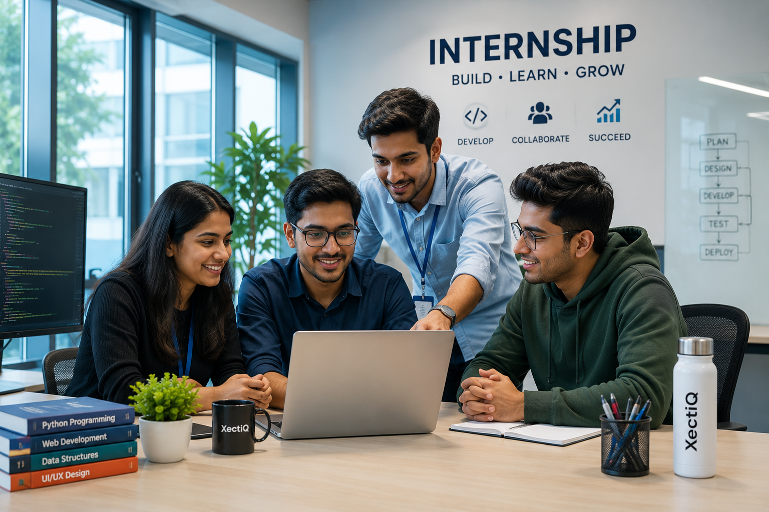 Interns collaborating on a live client project at the workstation